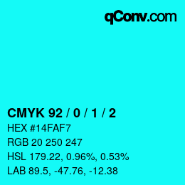 カラーコード: CMYK 92 / 0 / 1 / 2 | qconv.com