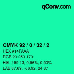 颜色代码: CMYK 92 / 0 / 32 / 2 | qconv.com