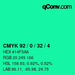 颜色代码: CMYK 92 / 0 / 32 / 4 | qconv.com