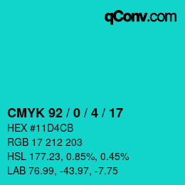 カラーコード: CMYK 92 / 0 / 4 / 17 | qconv.com