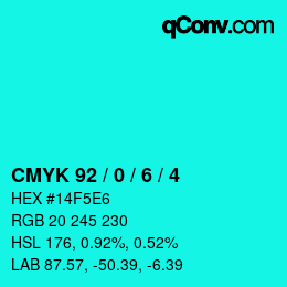 颜色代码: CMYK 92 / 0 / 6 / 4 | qconv.com