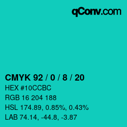 カラーコード: CMYK 92 / 0 / 8 / 20 | qconv.com