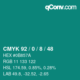 颜色代码: CMYK 92 / 0 / 8 / 48 | qconv.com