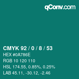 颜色代码: CMYK 92 / 0 / 8 / 53 | qconv.com