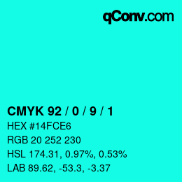 カラーコード: CMYK 92 / 0 / 9 / 1 | qconv.com