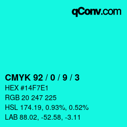 颜色代码: CMYK 92 / 0 / 9 / 3 | qconv.com