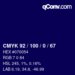 颜色代码: CMYK 92 / 100 / 0 / 67 | qconv.com