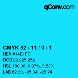 カラーコード: CMYK 92 / 11 / 0 / 1 | qconv.com