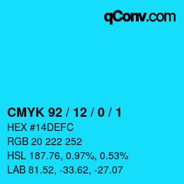 カラーコード: CMYK 92 / 12 / 0 / 1 | qconv.com