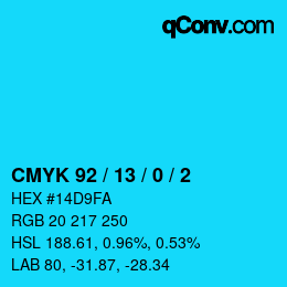 颜色代码: CMYK 92 / 13 / 0 / 2 | qconv.com