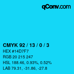 カラーコード: CMYK 92 / 13 / 0 / 3 | qconv.com