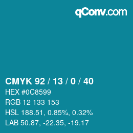 カラーコード: CMYK 92 / 13 / 0 / 40 | qconv.com