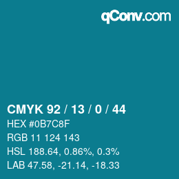 颜色代码: CMYK 92 / 13 / 0 / 44 | qconv.com