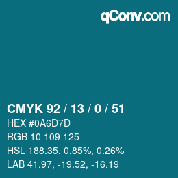 Color code: CMYK 92 / 13 / 0 / 51 | qconv.com