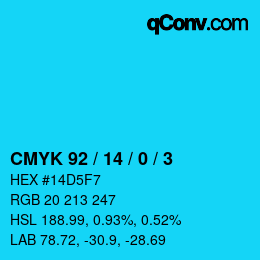 カラーコード: CMYK 92 / 14 / 0 / 3 | qconv.com