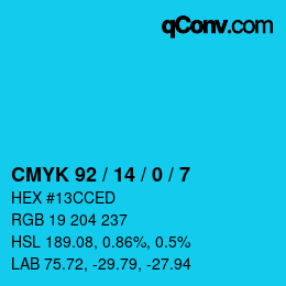 颜色代码: CMYK 92 / 14 / 0 / 7 | qconv.com