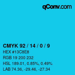 カラーコード: CMYK 92 / 14 / 0 / 9 | qconv.com