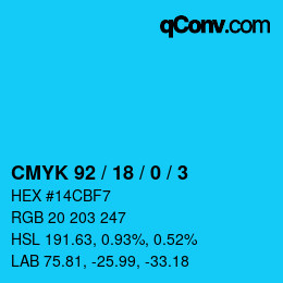 カラーコード: CMYK 92 / 18 / 0 / 3 | qconv.com