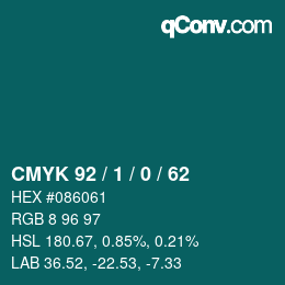 カラーコード: CMYK 92 / 1 / 0 / 62 | qconv.com