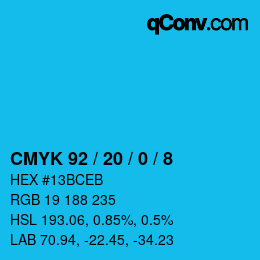 カラーコード: CMYK 92 / 20 / 0 / 8 | qconv.com