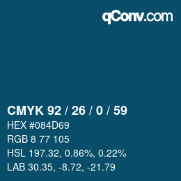 颜色代码: CMYK 92 / 26 / 0 / 59 | qconv.com