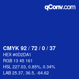 カラーコード: CMYK 92 / 72 / 0 / 37 | qconv.com