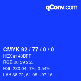 カラーコード: CMYK 92 / 77 / 0 / 0 | qconv.com