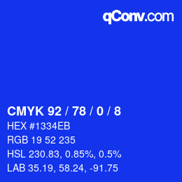 カラーコード: CMYK 92 / 78 / 0 / 8 | qconv.com