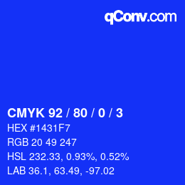カラーコード: CMYK 92 / 80 / 0 / 3 | qconv.com