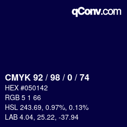 カラーコード: CMYK 92 / 98 / 0 / 74 | qconv.com