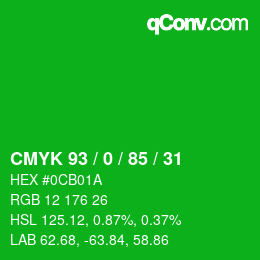 カラーコード: CMYK 93 / 0 / 85 / 31 | qconv.com