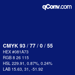 カラーコード: CMYK 93 / 77 / 0 / 55 | qconv.com