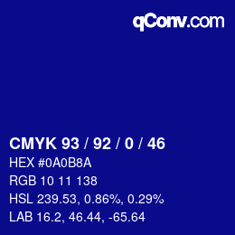 カラーコード: CMYK 93 / 92 / 0 / 46 | qconv.com