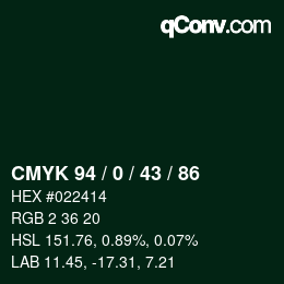 颜色代码: CMYK 94 / 0 / 43 / 86 | qconv.com