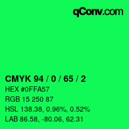 カラーコード: CMYK 94 / 0 / 65 / 2 | qconv.com