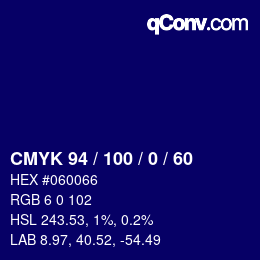 颜色代码: CMYK 94 / 100 / 0 / 60 | qconv.com