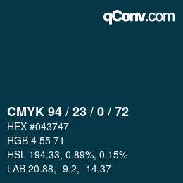 カラーコード: CMYK 94 / 23 / 0 / 72 | qconv.com