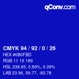 カラーコード: CMYK 94 / 92 / 0 / 26 | qconv.com