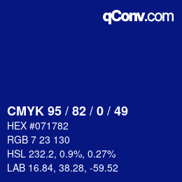 カラーコード: CMYK 95 / 82 / 0 / 49 | qconv.com