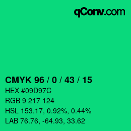 颜色代码: CMYK 96 / 0 / 43 / 15 | qconv.com