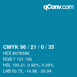 カラーコード: CMYK 96 / 21 / 0 / 35 | qconv.com