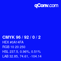 カラーコード: CMYK 96 / 92 / 0 / 2 | qconv.com