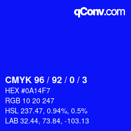 カラーコード: CMYK 96 / 92 / 0 / 3 | qconv.com