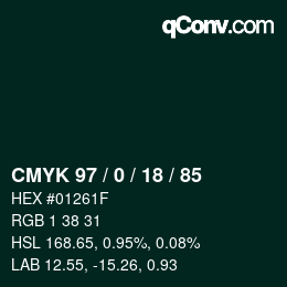 カラーコード: CMYK 97 / 0 / 18 / 85 | qconv.com