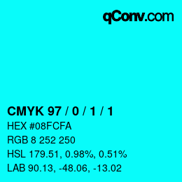 颜色代码: CMYK 97 / 0 / 1 / 1 | qconv.com