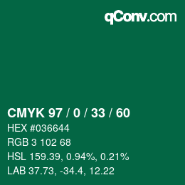 Code couleur: CMYK 97 / 0 / 33 / 60 | qconv.com