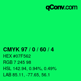 カラーコード: CMYK 97 / 0 / 60 / 4 | qconv.com
