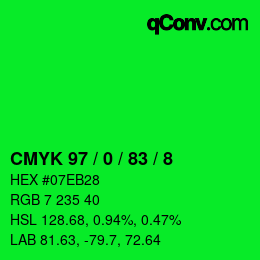 カラーコード: CMYK 97 / 0 / 83 / 8 | qconv.com