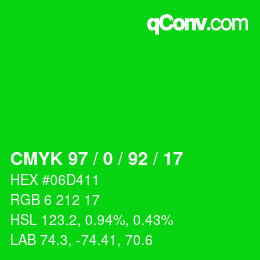 カラーコード: CMYK 97 / 0 / 92 / 17 | qconv.com