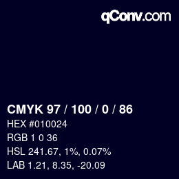 颜色代码: CMYK 97 / 100 / 0 / 86 | qconv.com